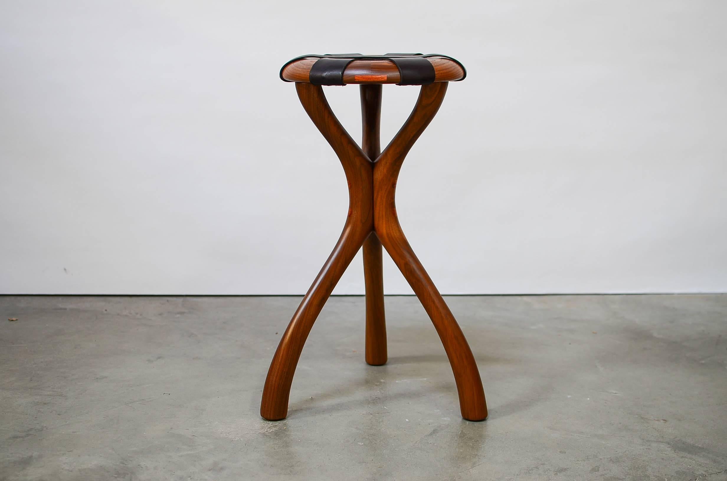 American Black Walnut and Leather Stool by Dean Santner For Sale