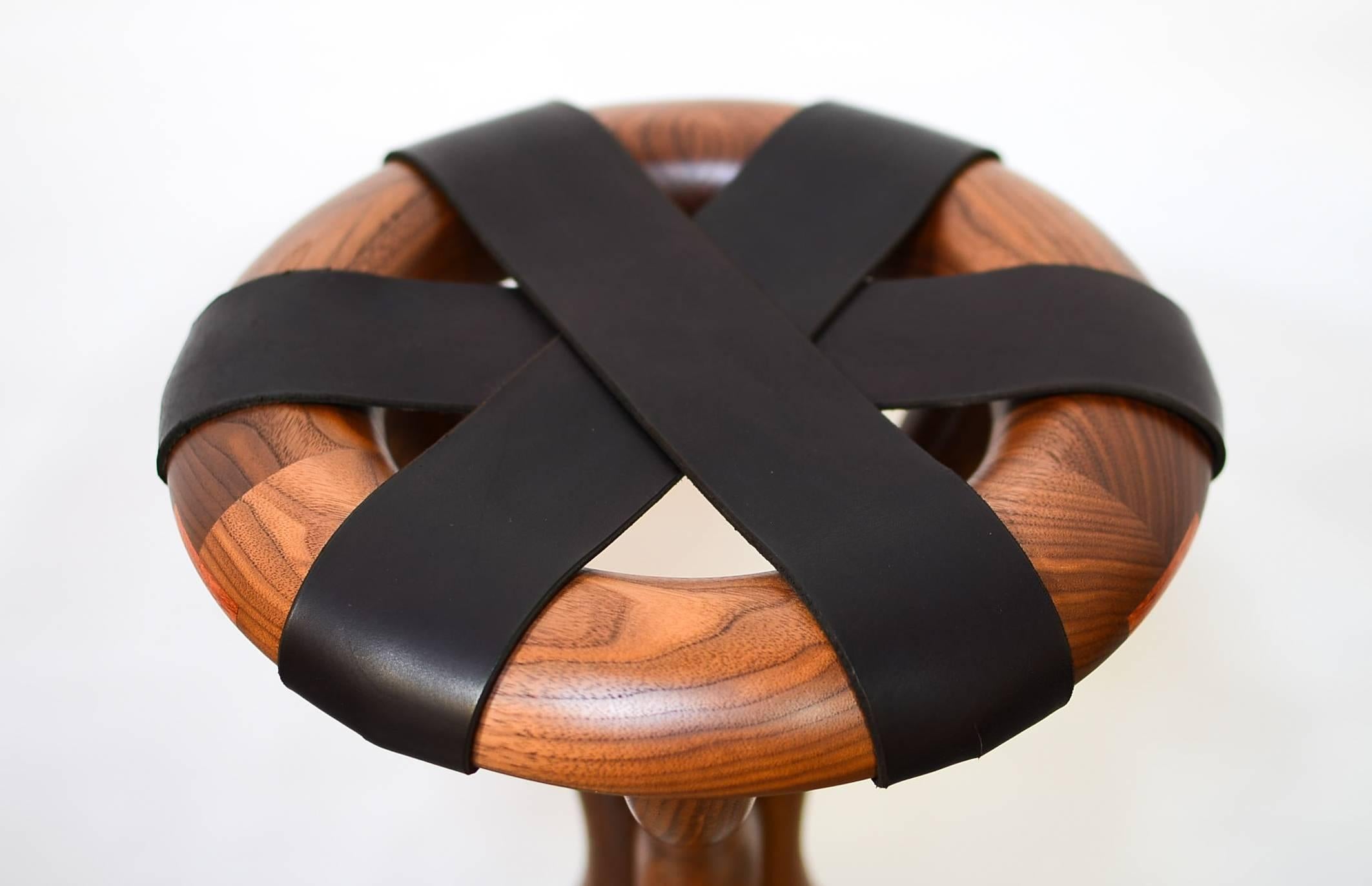 Bubinga Black Walnut and Leather Stool by Dean Santner For Sale