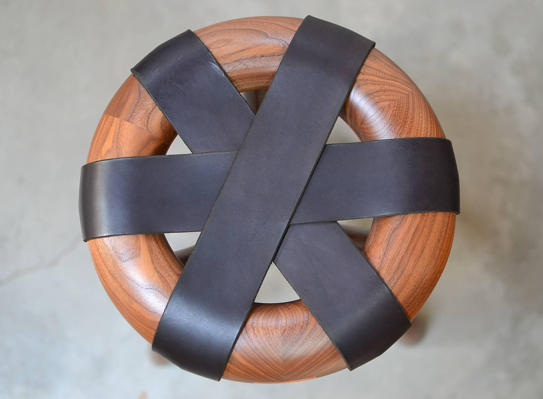 Black Walnut and Leather Stool by Dean Santner For Sale 3
