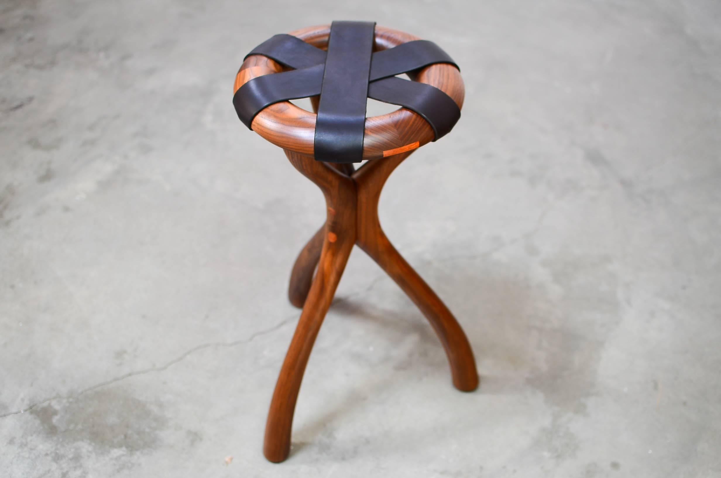 Contemporary Black Walnut and Leather Stool by Dean Santner For Sale