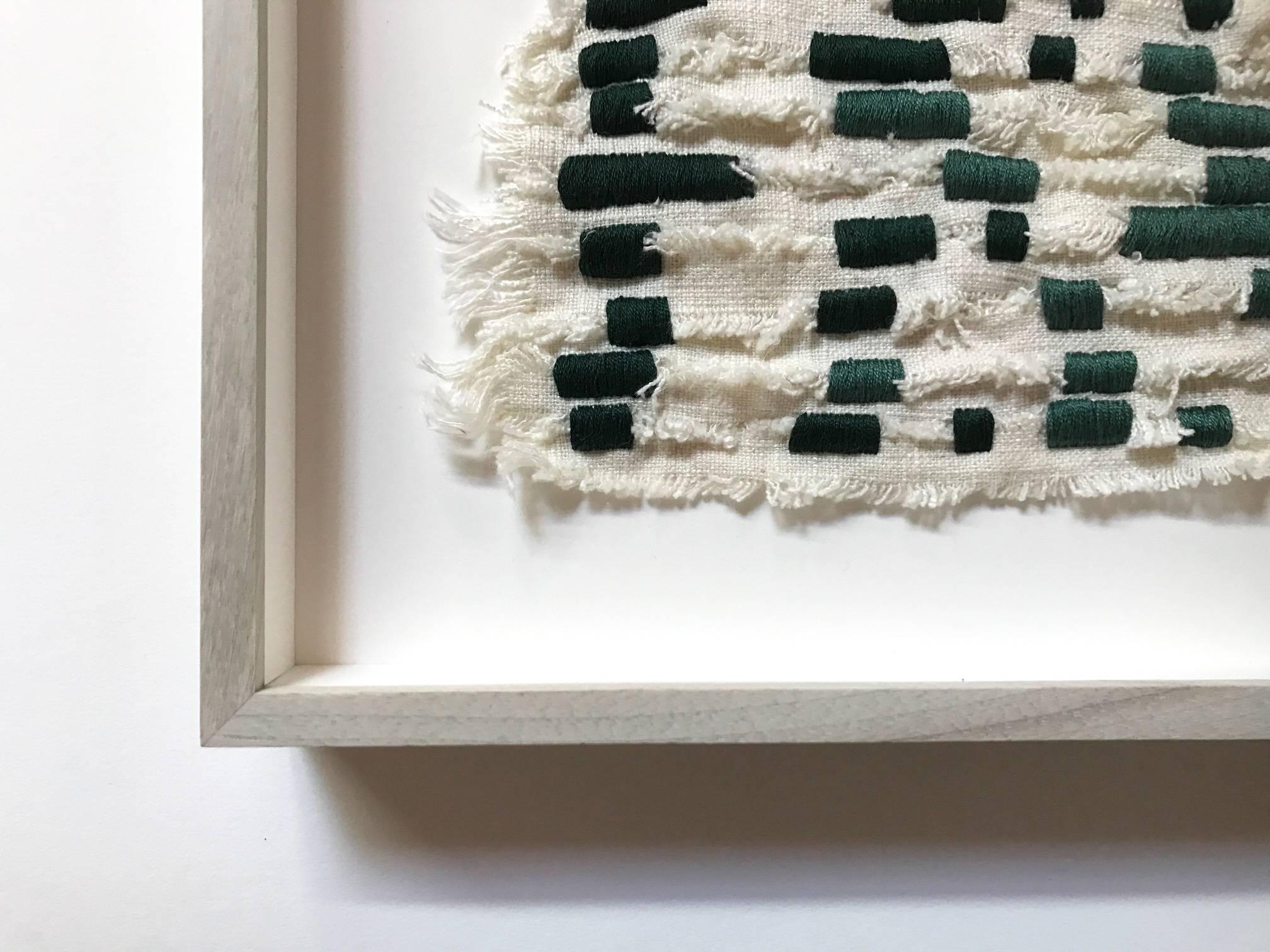 Exquisite textile weaving by Bay Area artist, Amy Kim Keeler, circa 2017. Beautifully framed in a bleached walnut shadowbox. 


Artist notes:
The fabric is essentially cut and shredded into strips and shapes with a sense of destruction, moving