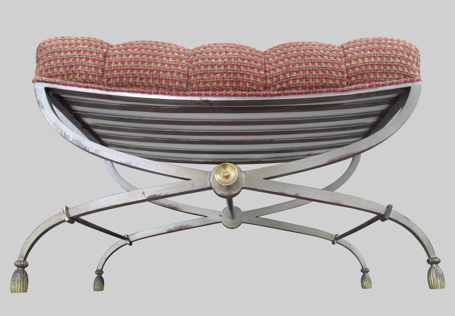 Impeccable quality steel and brass upholstered vanity stool designed by Mexican master Arturo Pani. In the style of John Vesey.
