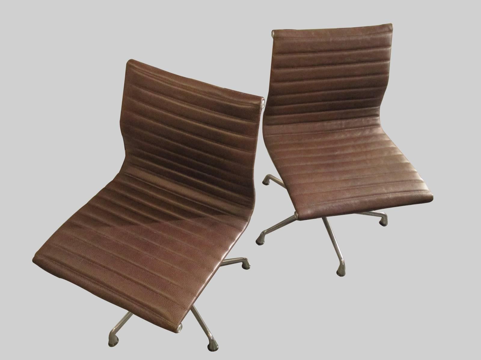 Eames Aluminium Group Armless Chairs for Herman Miller Refurbished with Leather For Sale 2