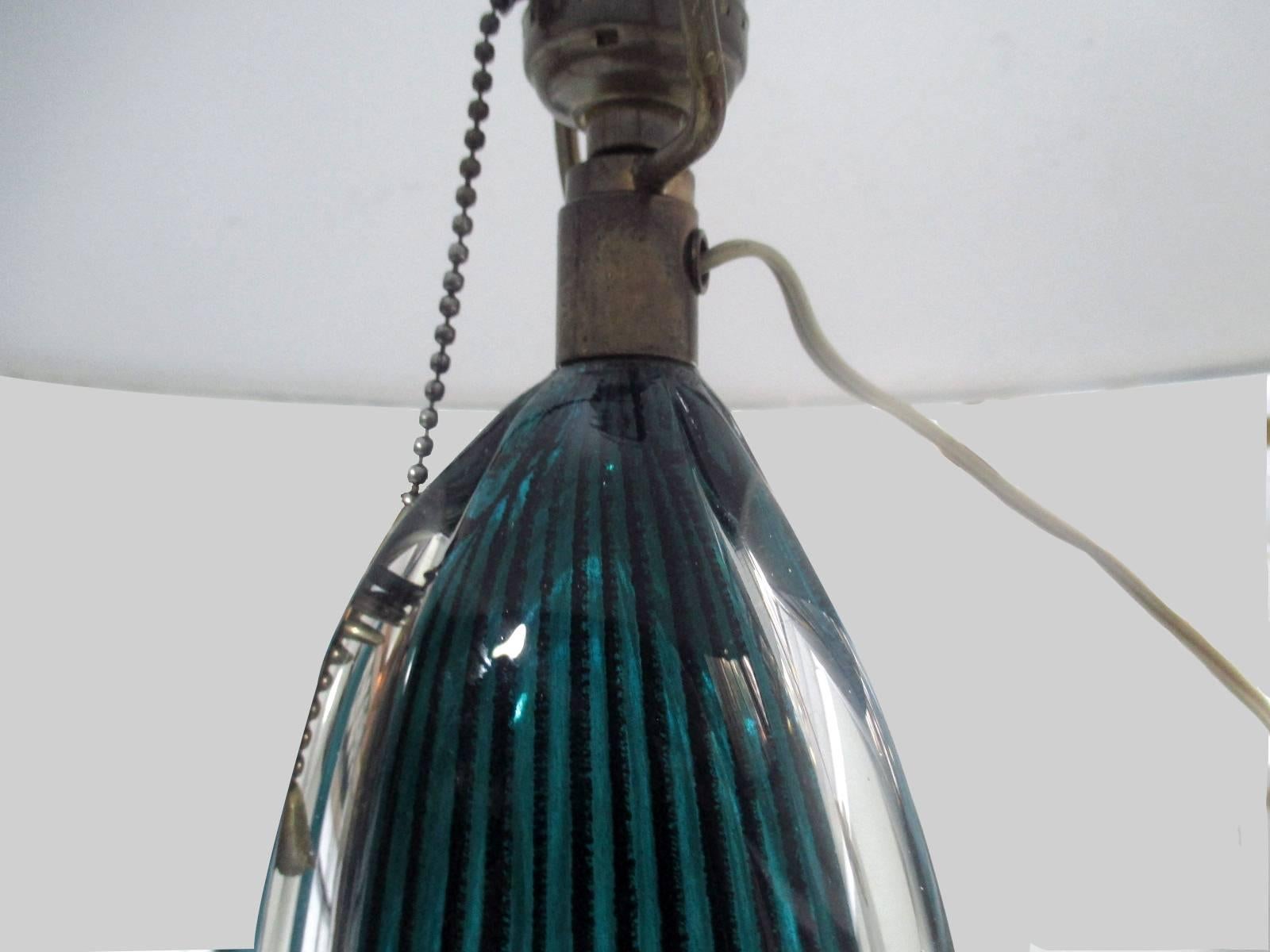 Two Sommerso glass table lamps with a turquoise and black lines design.