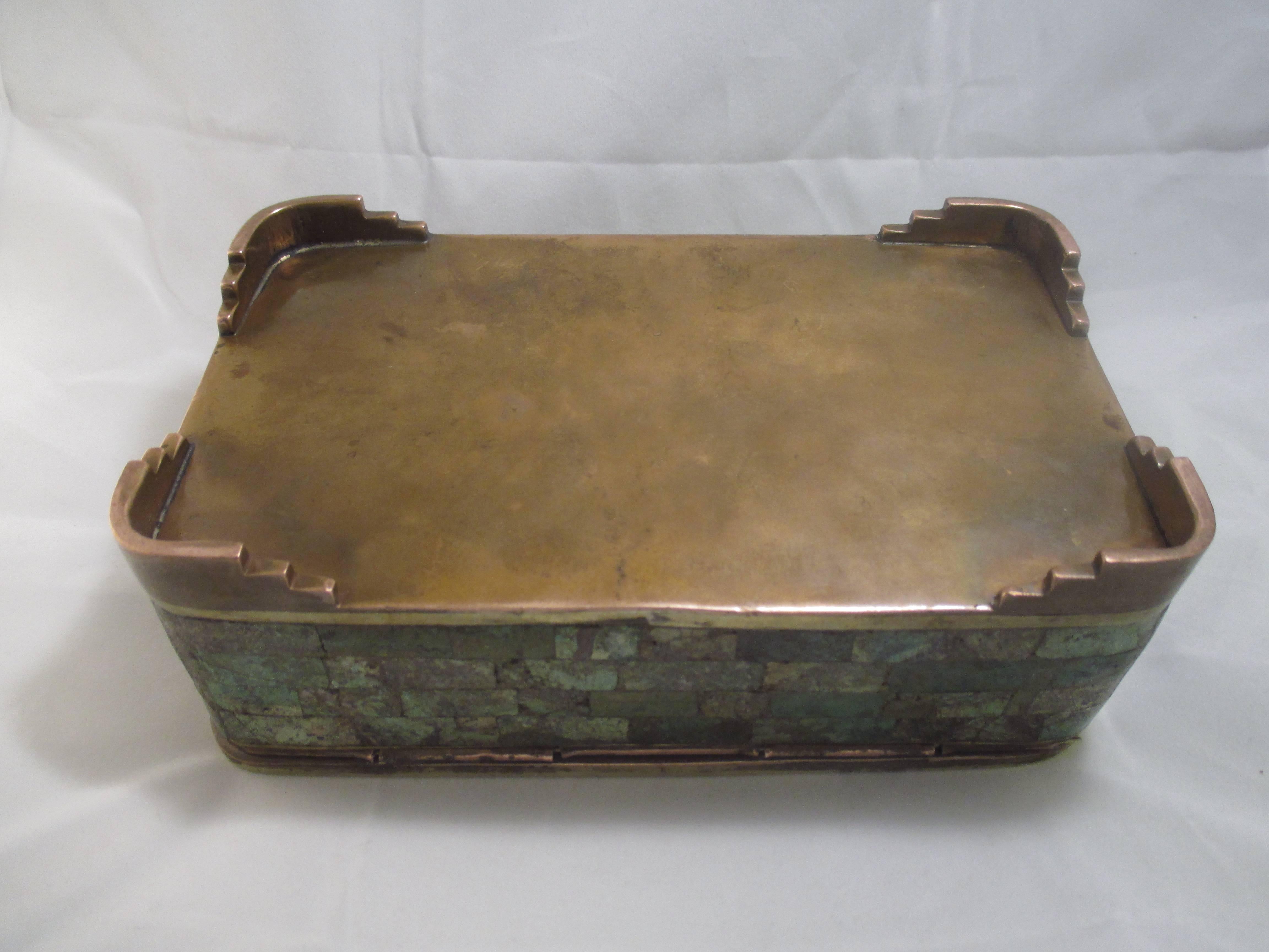 Bronze Jewelry Box in Married Metals with Inlaid Turquoise Attr. Los Castillo late 50s