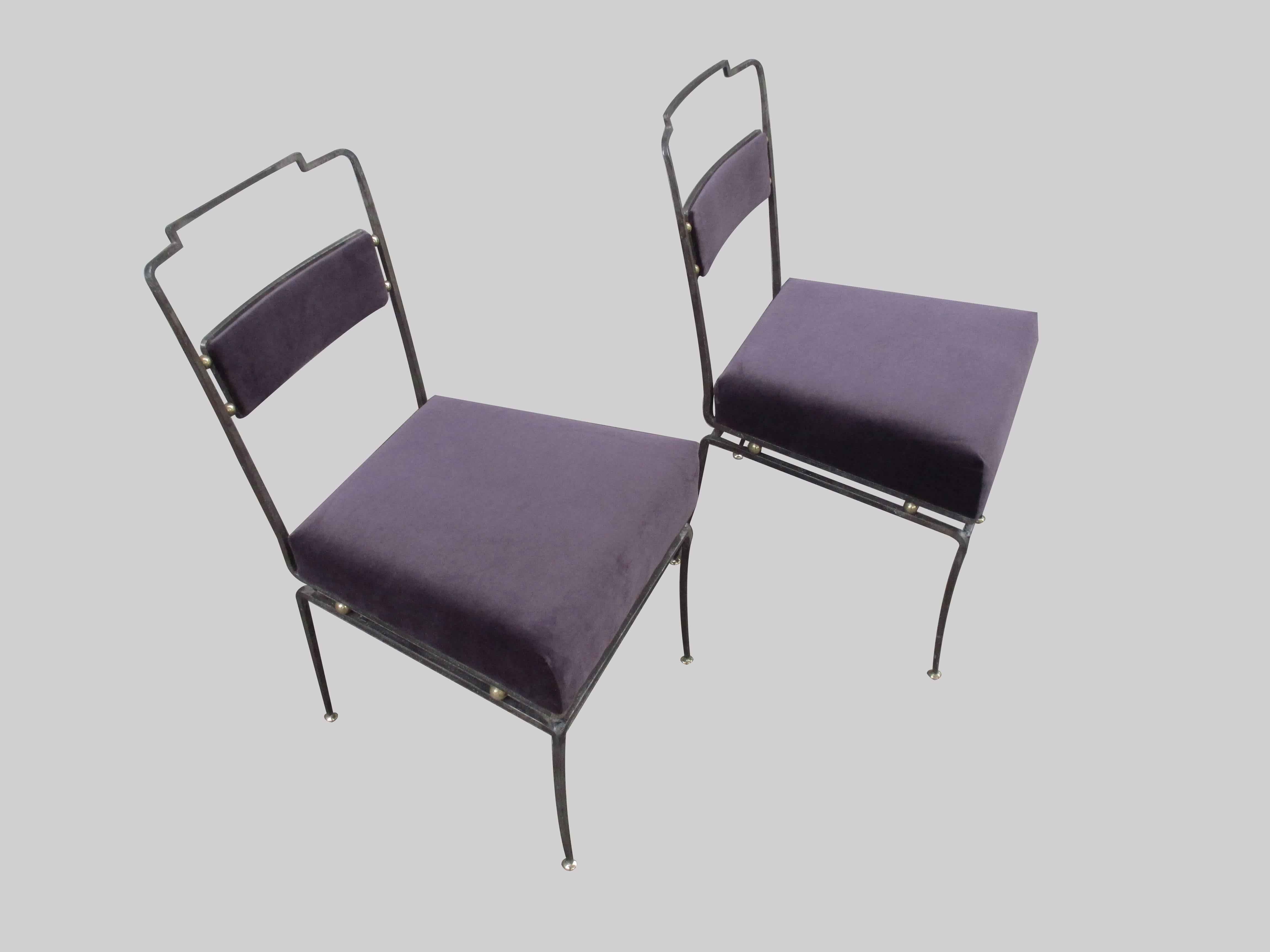 Mexican Set of Six Metal and Bronce Chairs by Arturo Pani in Purple Velvet 