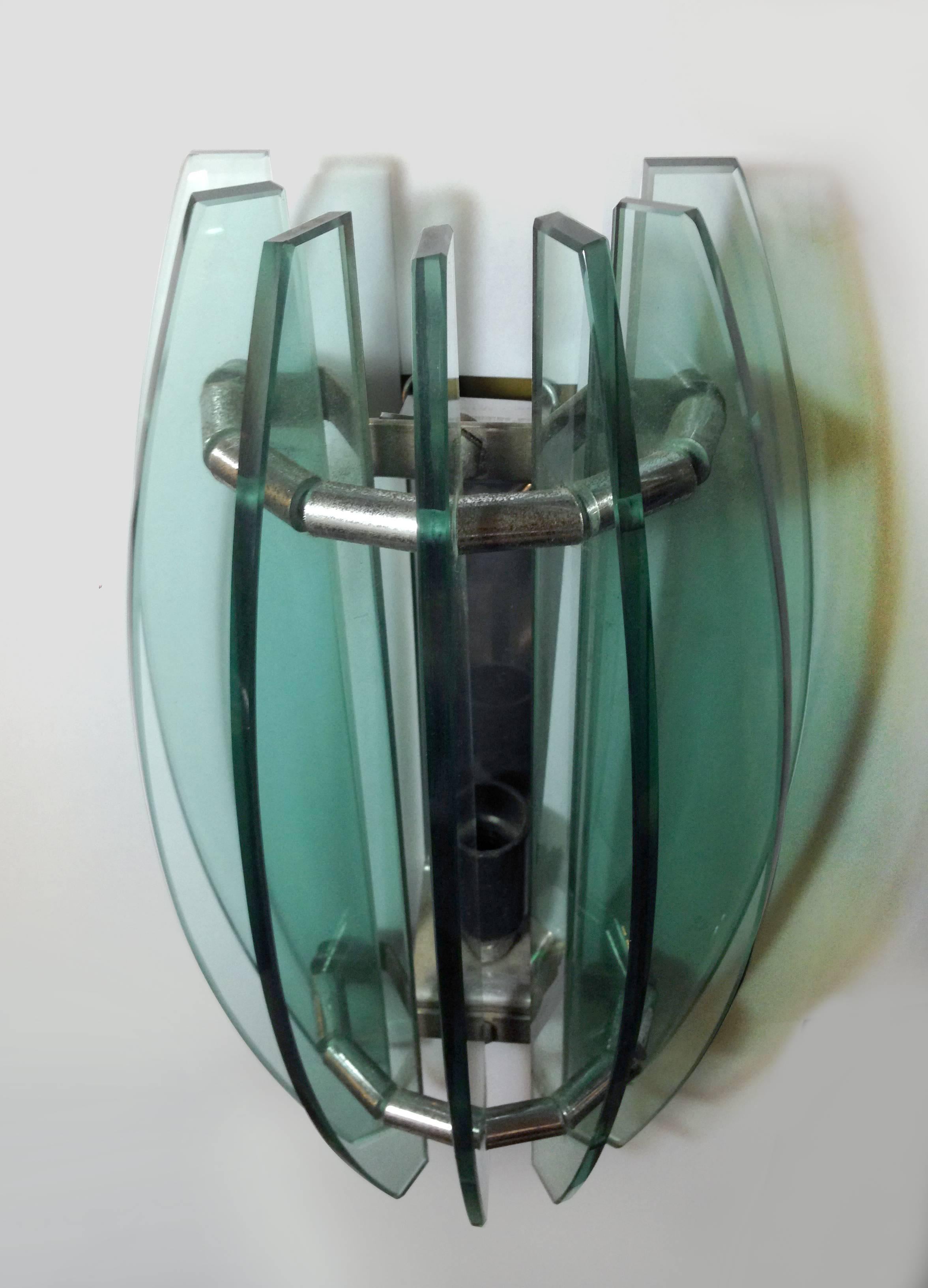 Chrome Pair of Veca Italian Glass Sconces, 1970s For Sale