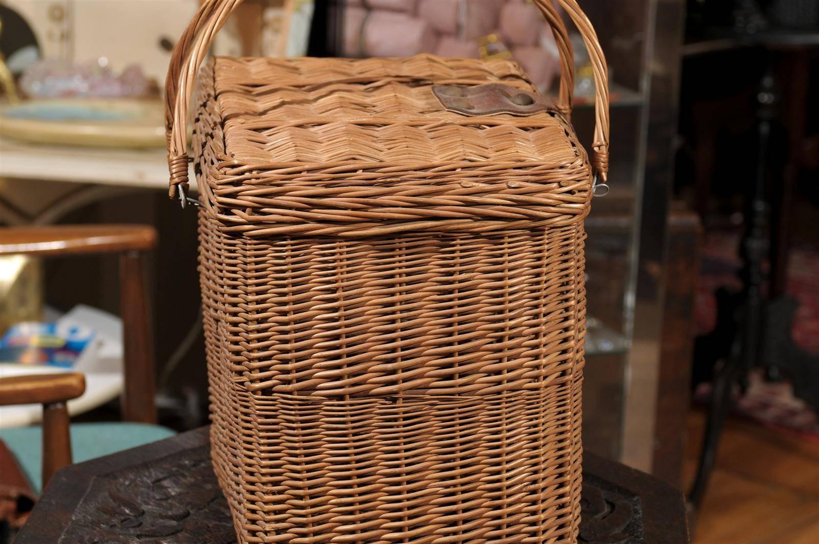 French Wicker Basket with Leather Buckle In Excellent Condition In Atlanta, GA