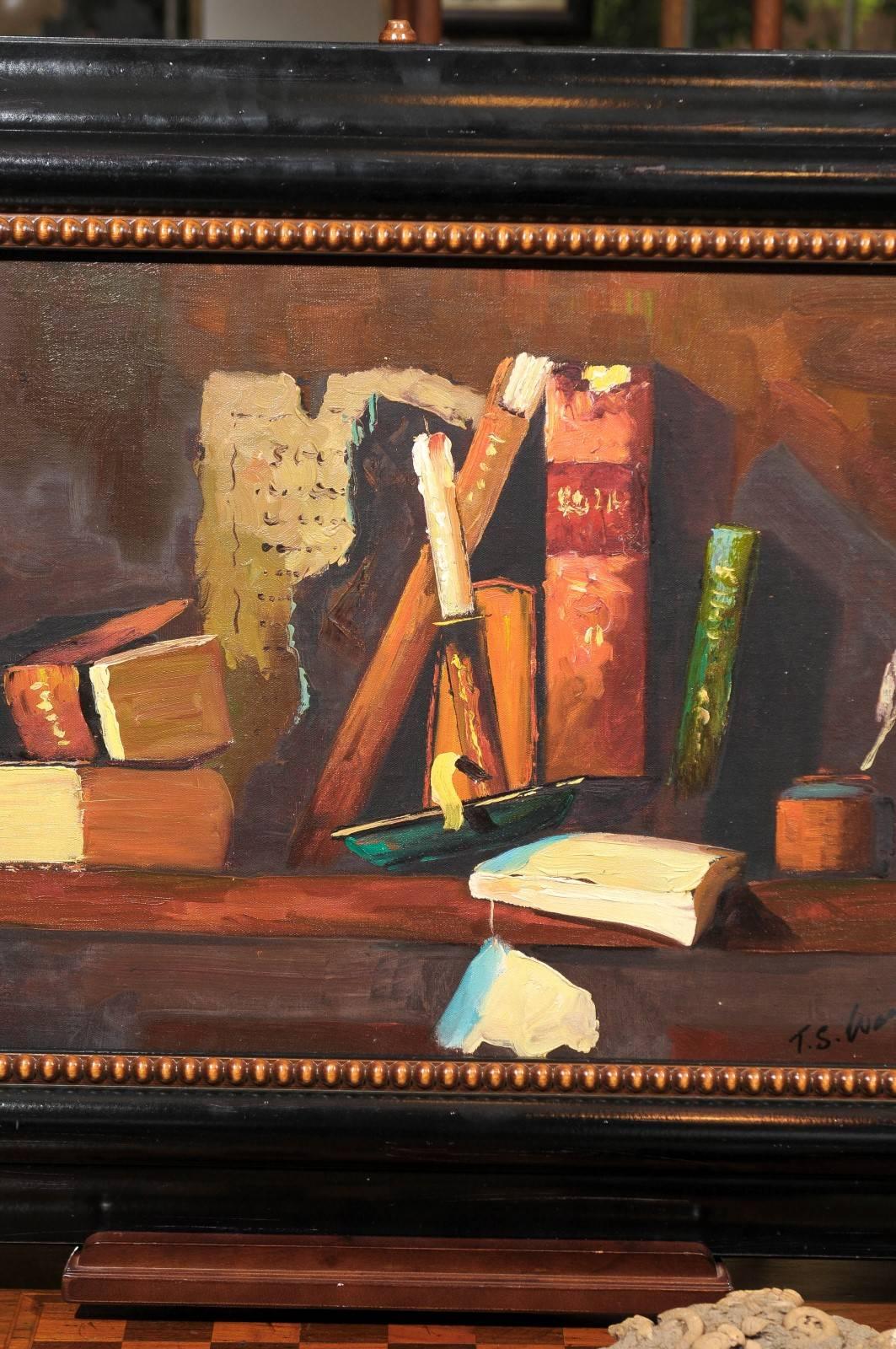 Nature morte de la bibliothèque, peinture à l'huile Bon état - En vente à Atlanta, GA