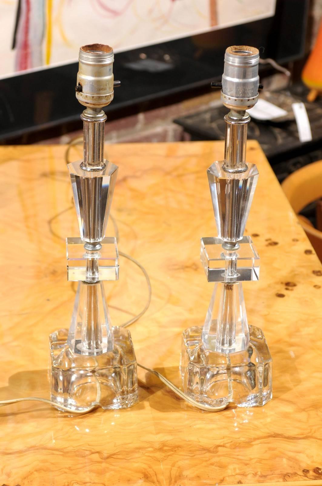 20th century pair of petite crystal and glass lamps of the Art Deco period.
