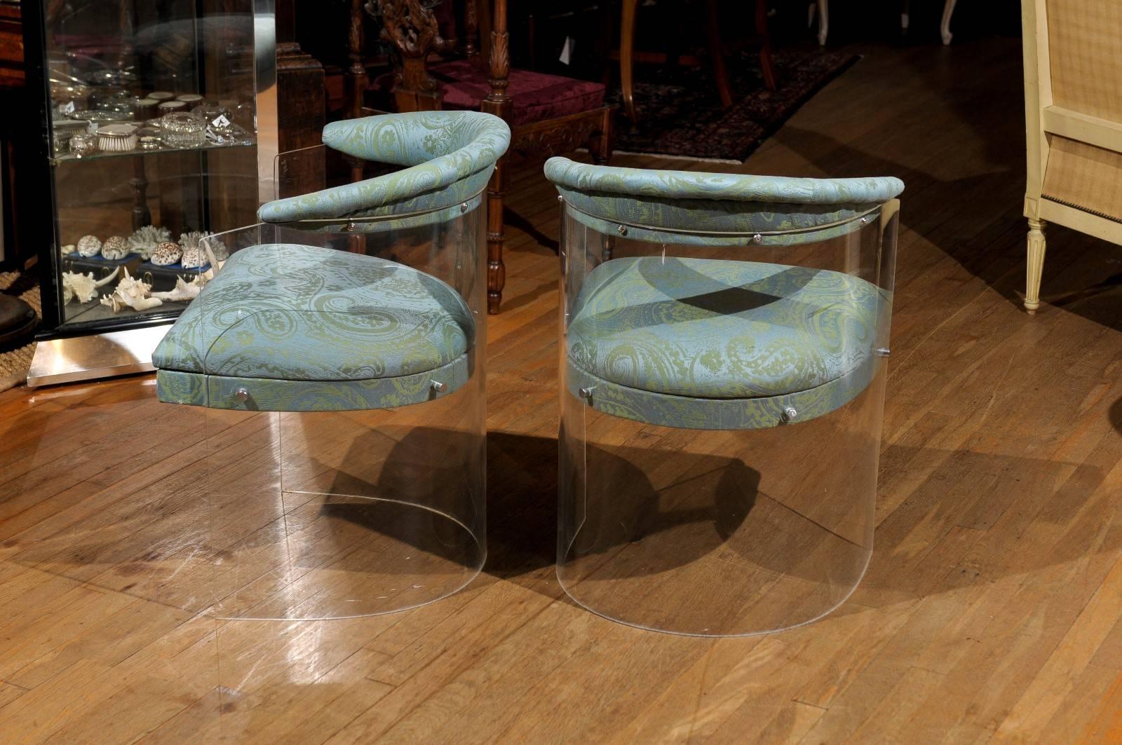 Upholstery Pair of Lucite Barrel Back Chairs