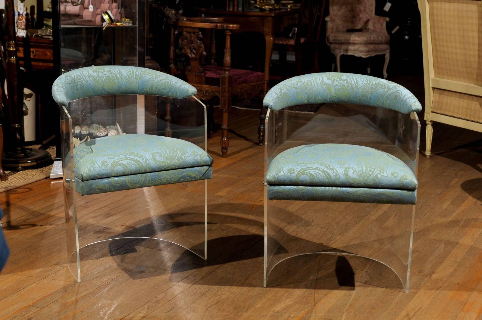 Pair of Mid-Century barrel back chairs of Lucite with newly upholstered seat and back in Jim Thompson No. 9 Santosh in turquoise and apple.