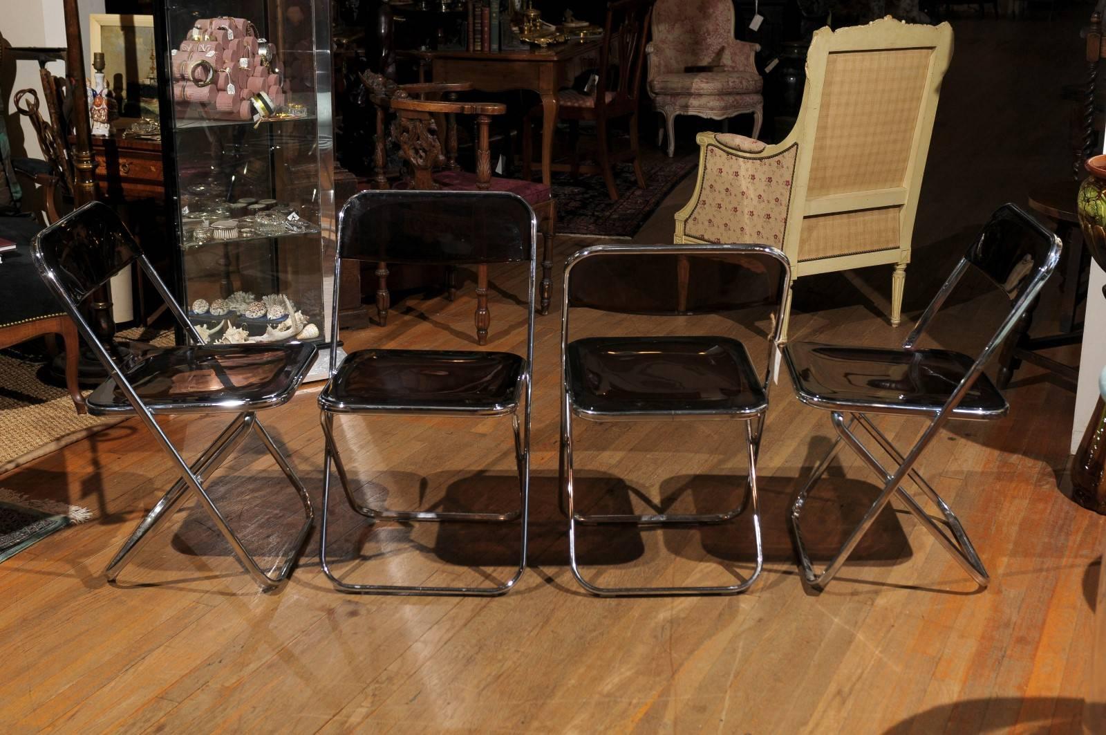 Chrome Set of Four Smoked Lucite Folding Chairs