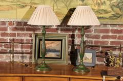 Pair of Emerald Green and Gilt Chinoiserie Candlestick Lamps