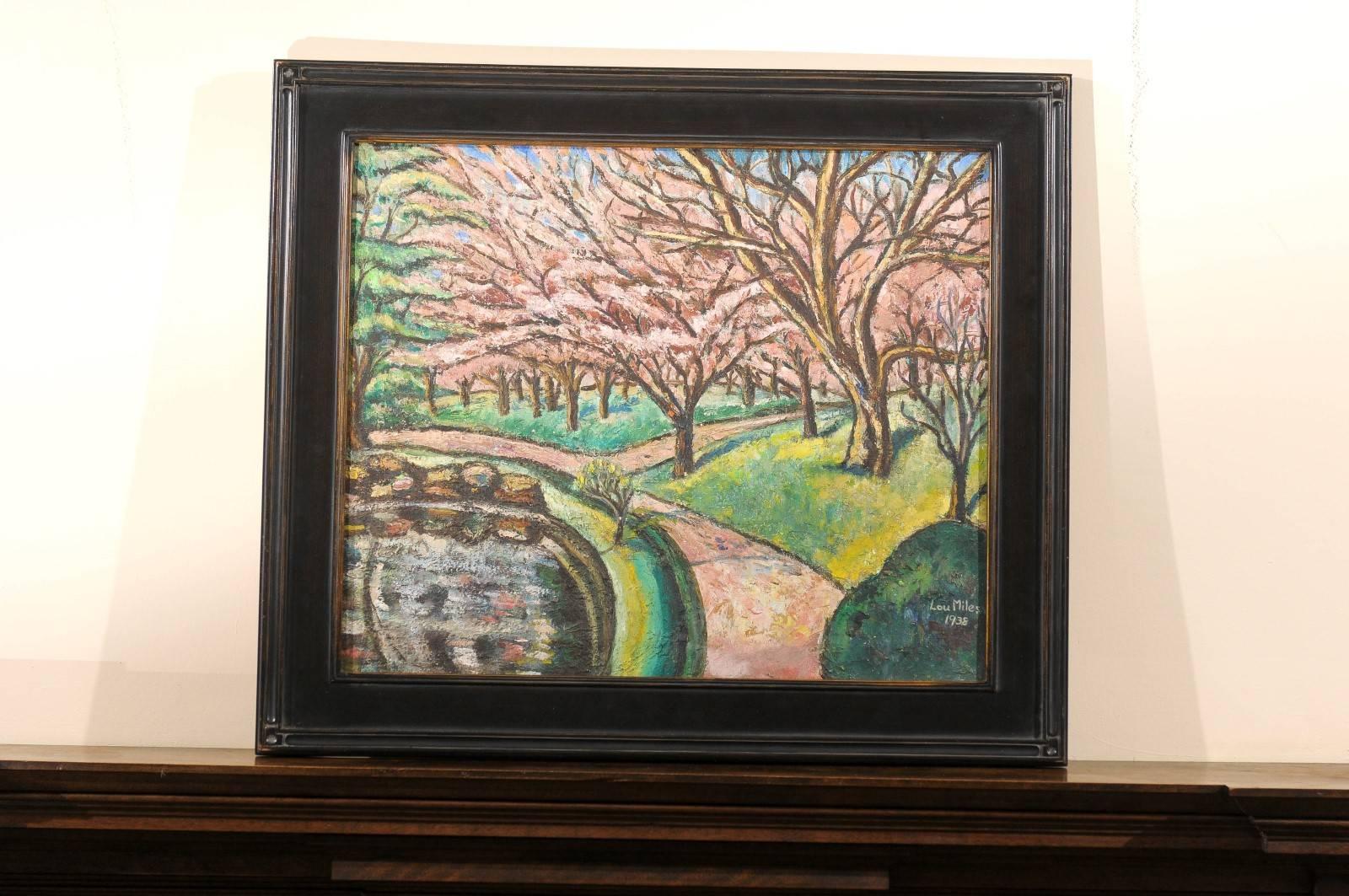 20th century oil on canvas of Prospect Park in Brooklyn, New York by American artist Lou Miles. The abstract landscape was painted in the fauvist style depicting the park while the cherry blossoms were in full bloom. 
With inscription to verso 
