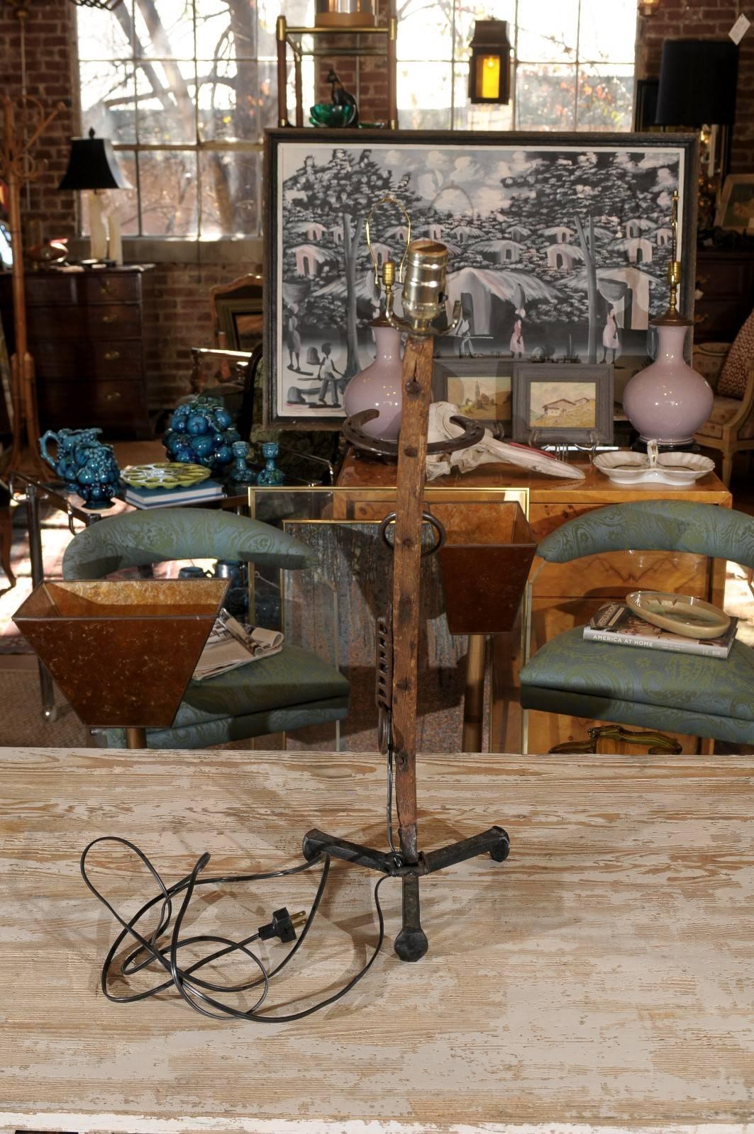 Vintage Folk Art Gun Lamp of Wrought Iron and Driftwood For Sale 5