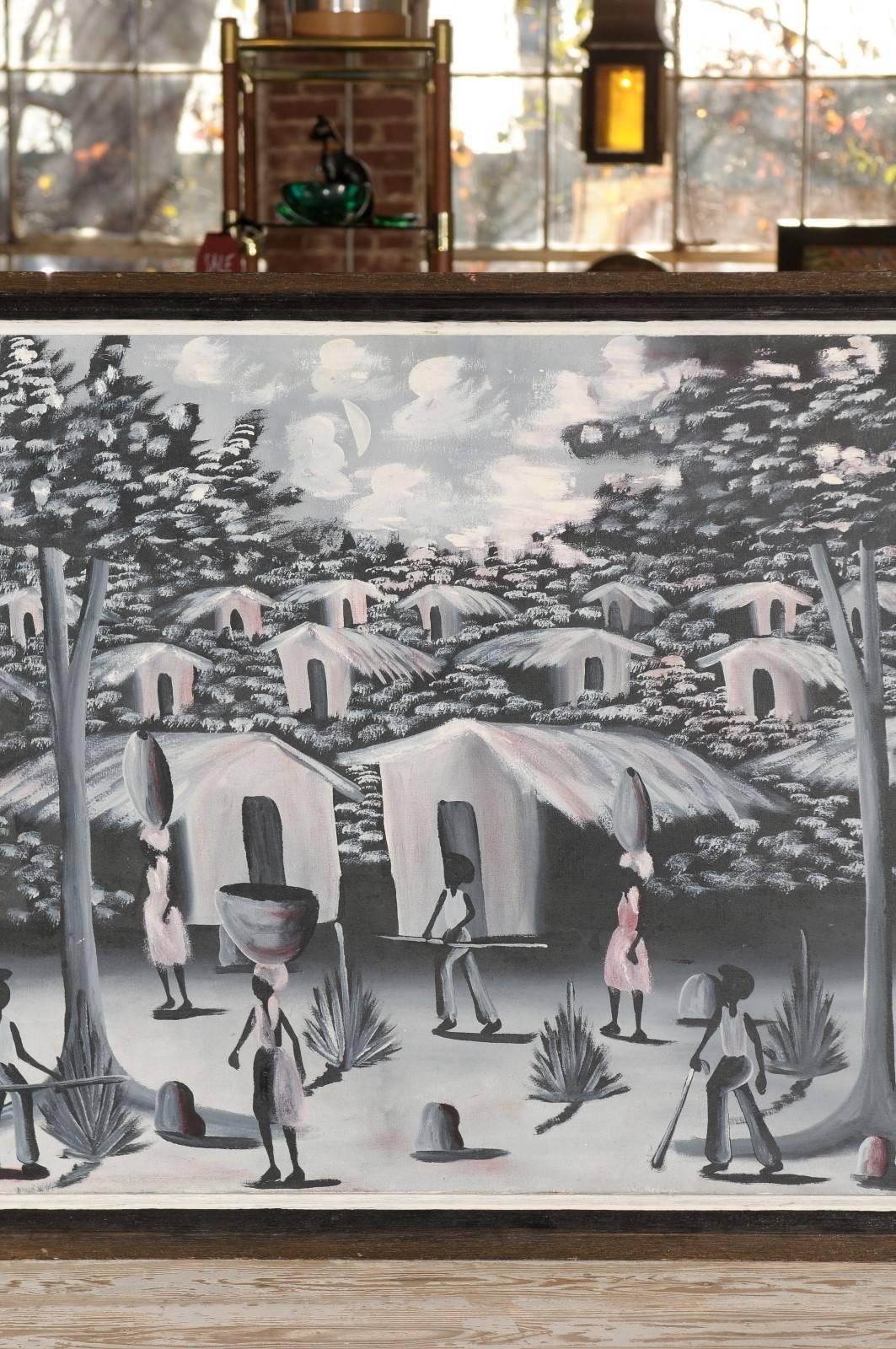 Canvas Vintage Haitian Village Painting For Sale