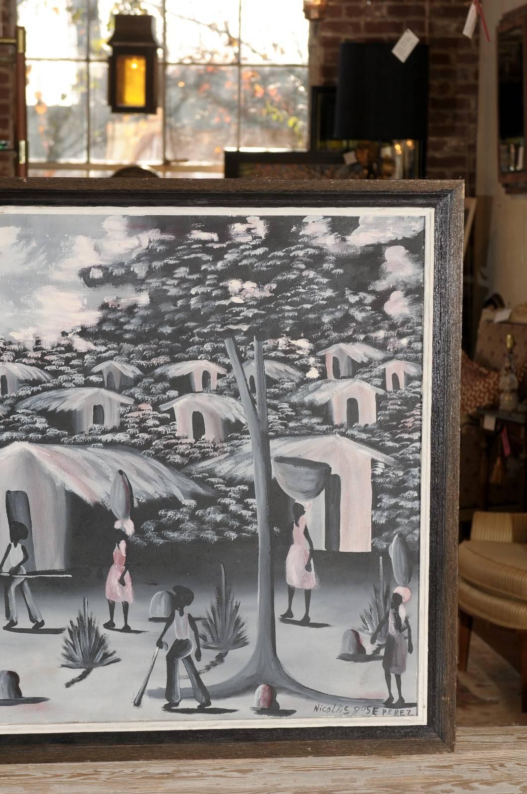 Canvas Vintage Haitian Village Painting For Sale