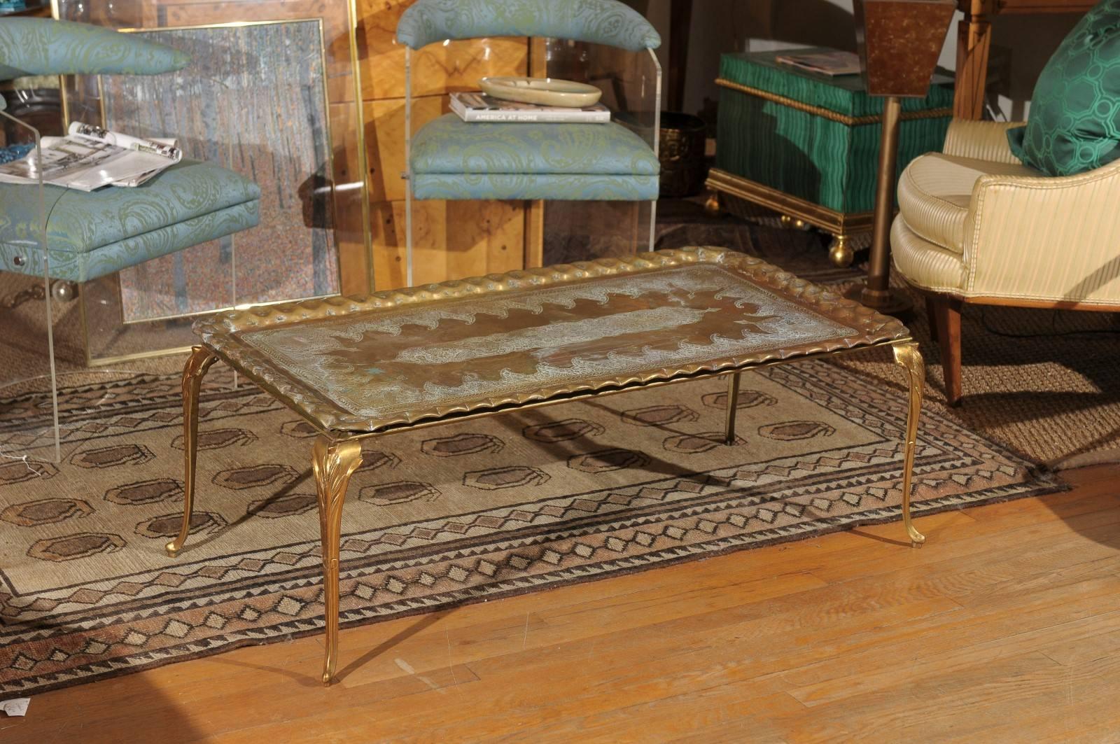Hollywood Regency Vintage Etched and Hammered Brass Tray Table