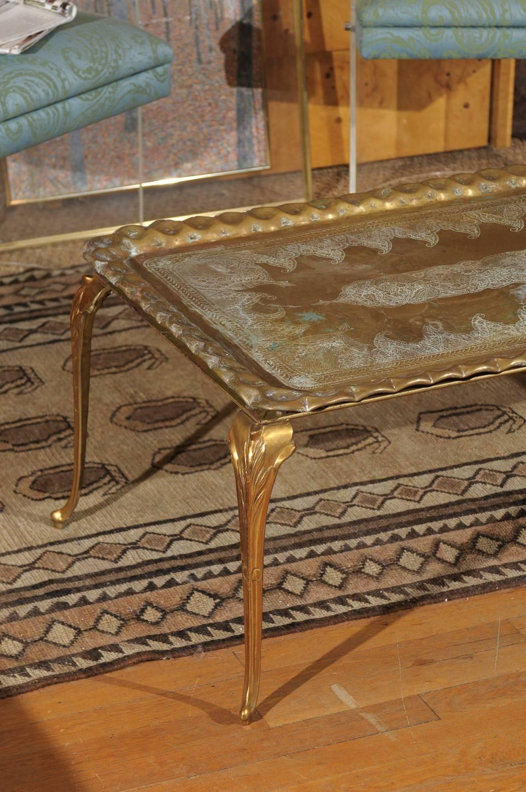Vintage Etched and Hammered Brass Tray Table 1
