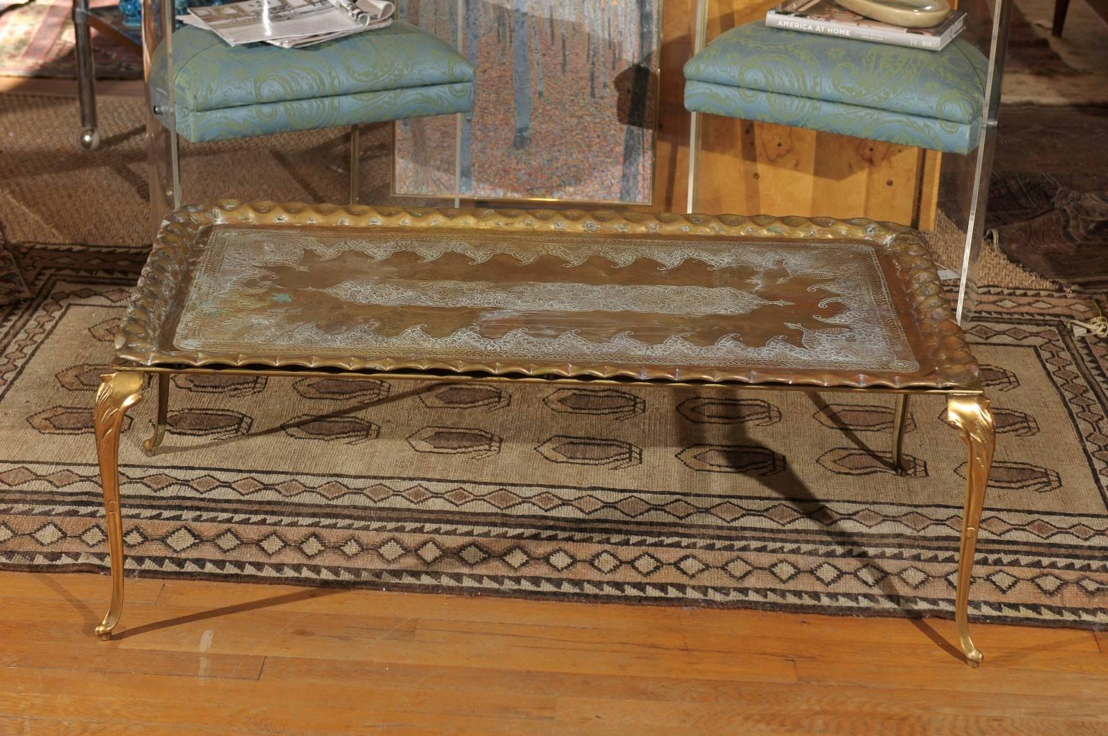 Vintage Etched and Hammered Brass Tray Table 2