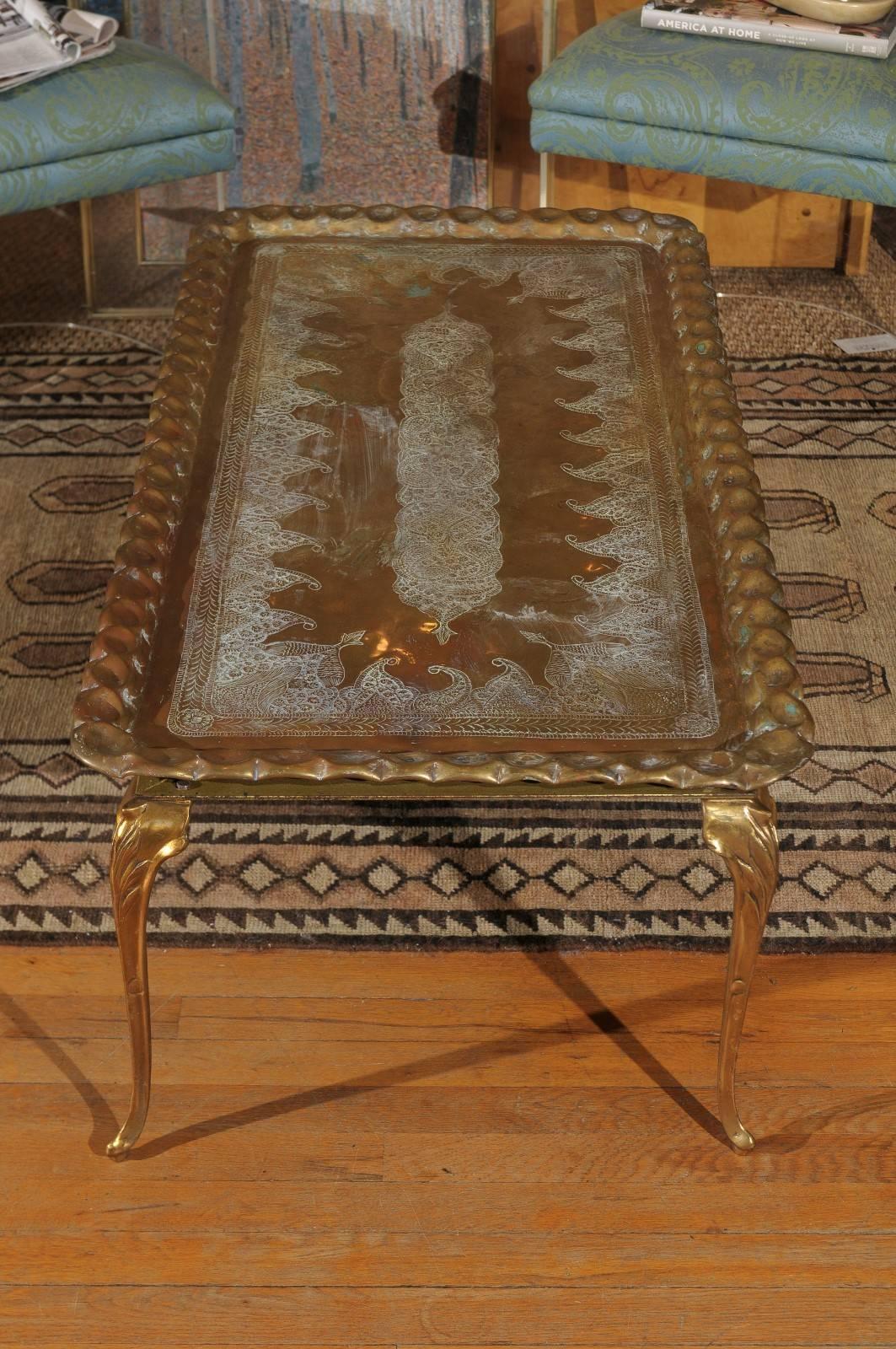 Vintage Etched and Hammered Brass Tray Table 3