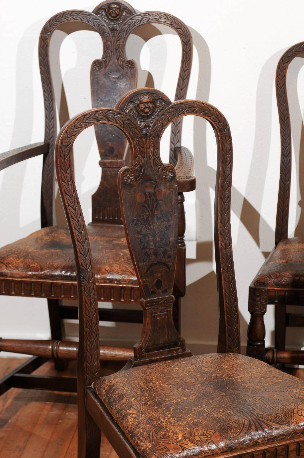 Set of Eight English Carved and Inlaid Oak Dining Chairs In Good Condition In Atlanta, GA