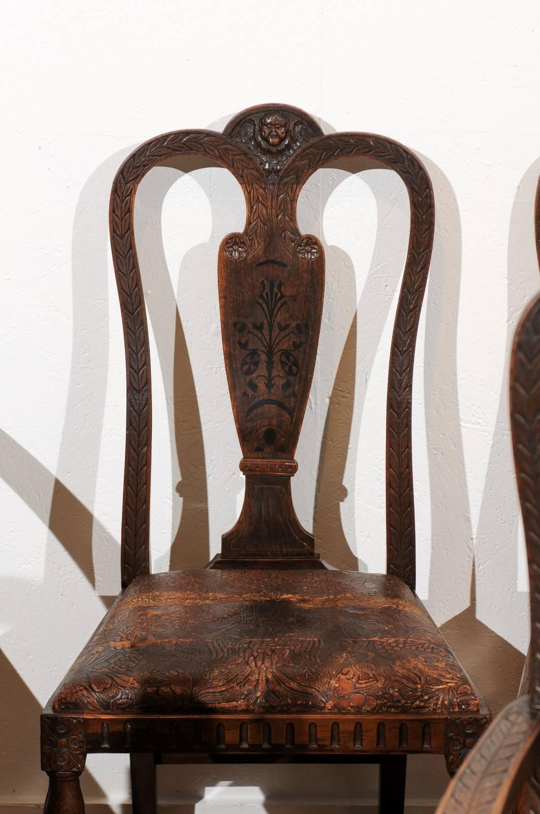 19th Century Set of Eight English Carved and Inlaid Oak Dining Chairs