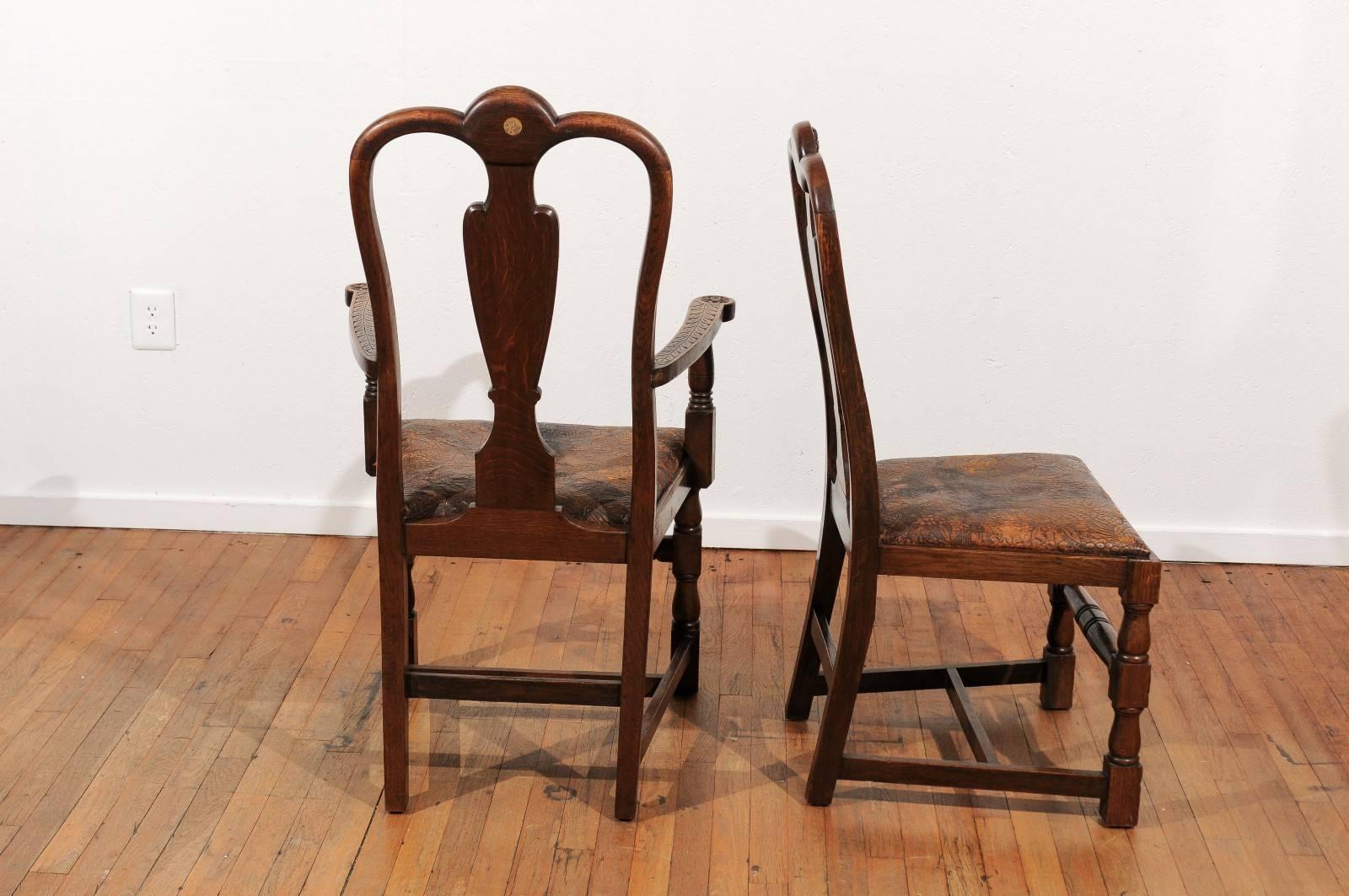 Set of Eight English Carved and Inlaid Oak Dining Chairs 1