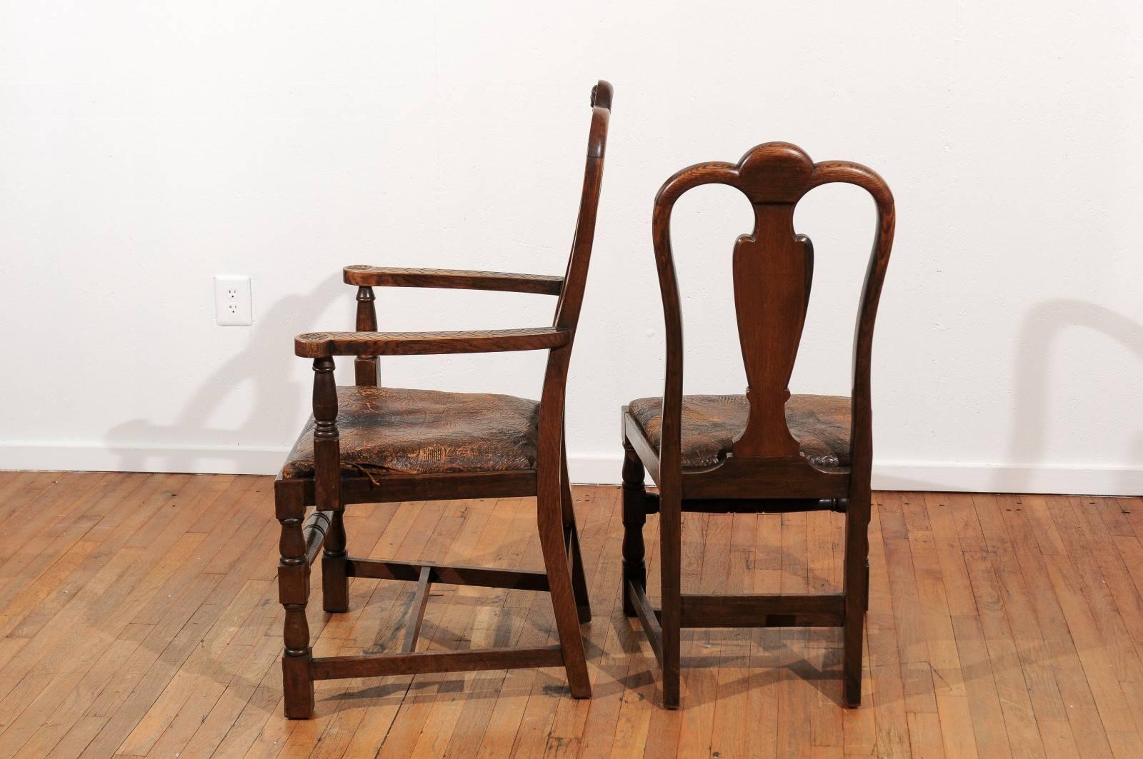 Set of Eight English Carved and Inlaid Oak Dining Chairs 2