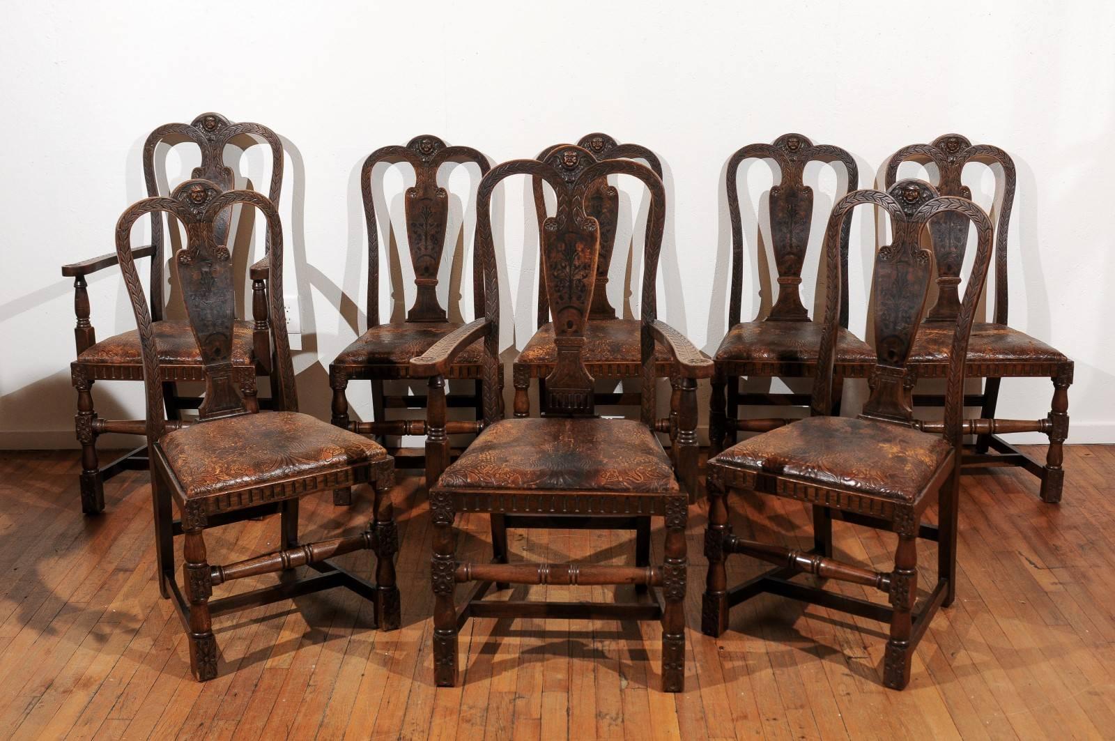 Victorian Set of Eight English Carved and Inlaid Oak Dining Chairs