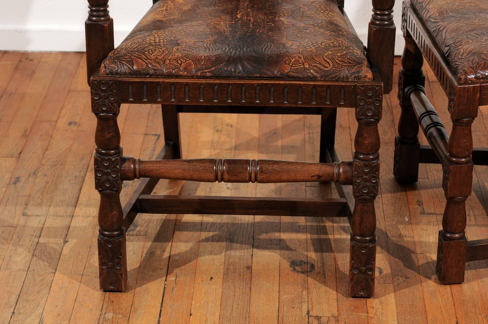 Set of Eight English Carved and Inlaid Oak Dining Chairs 4