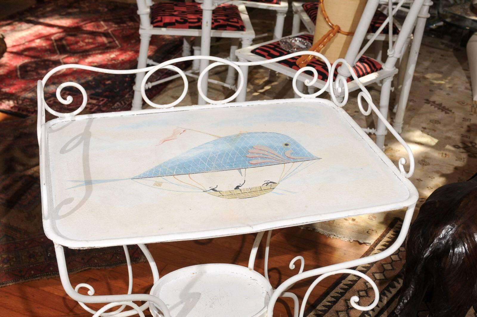 19th Century French Wrought Iron Garden Table with Steampunk Painting For Sale