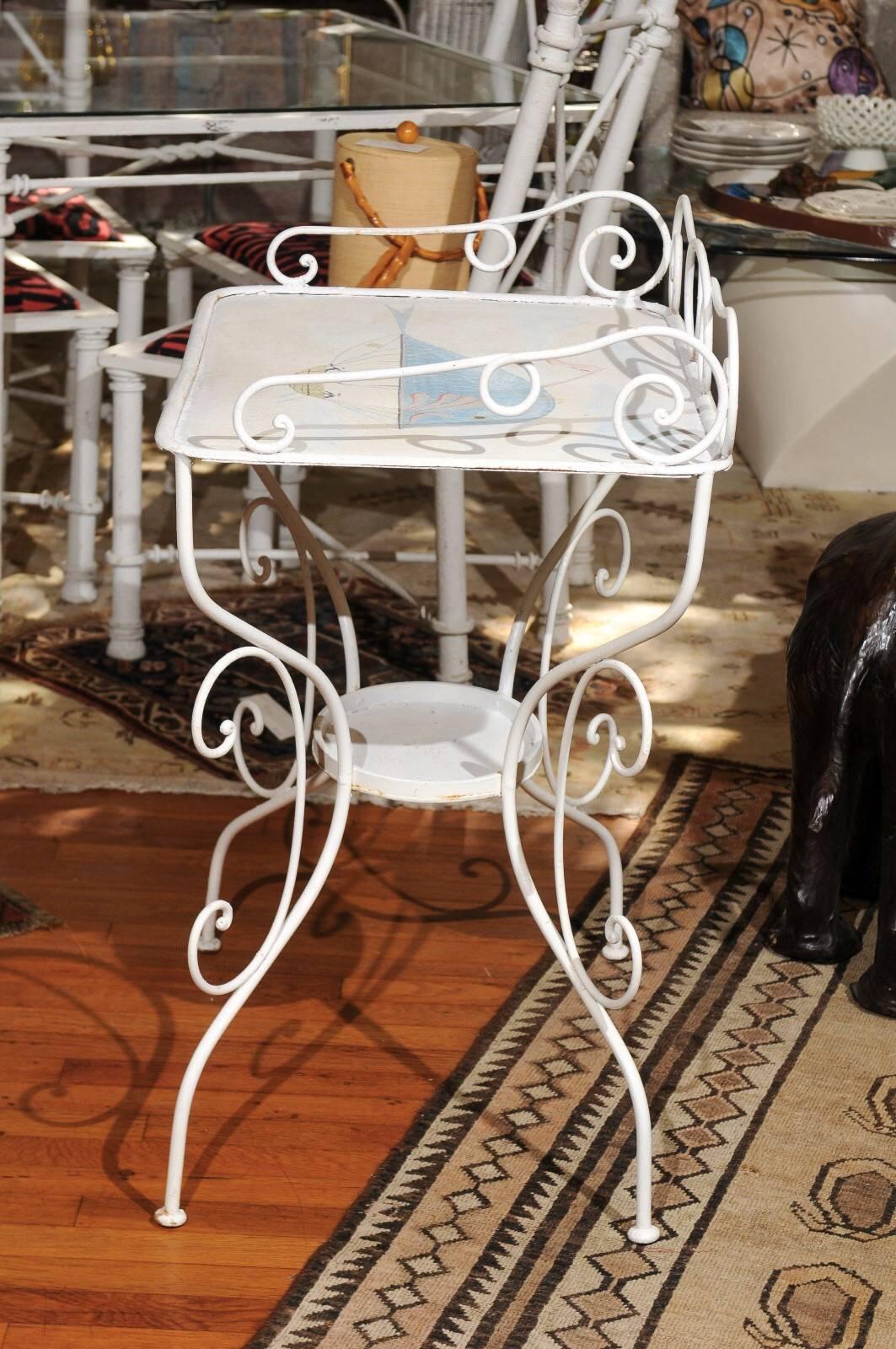 Art Nouveau French Wrought Iron Garden Table with Steampunk Painting For Sale