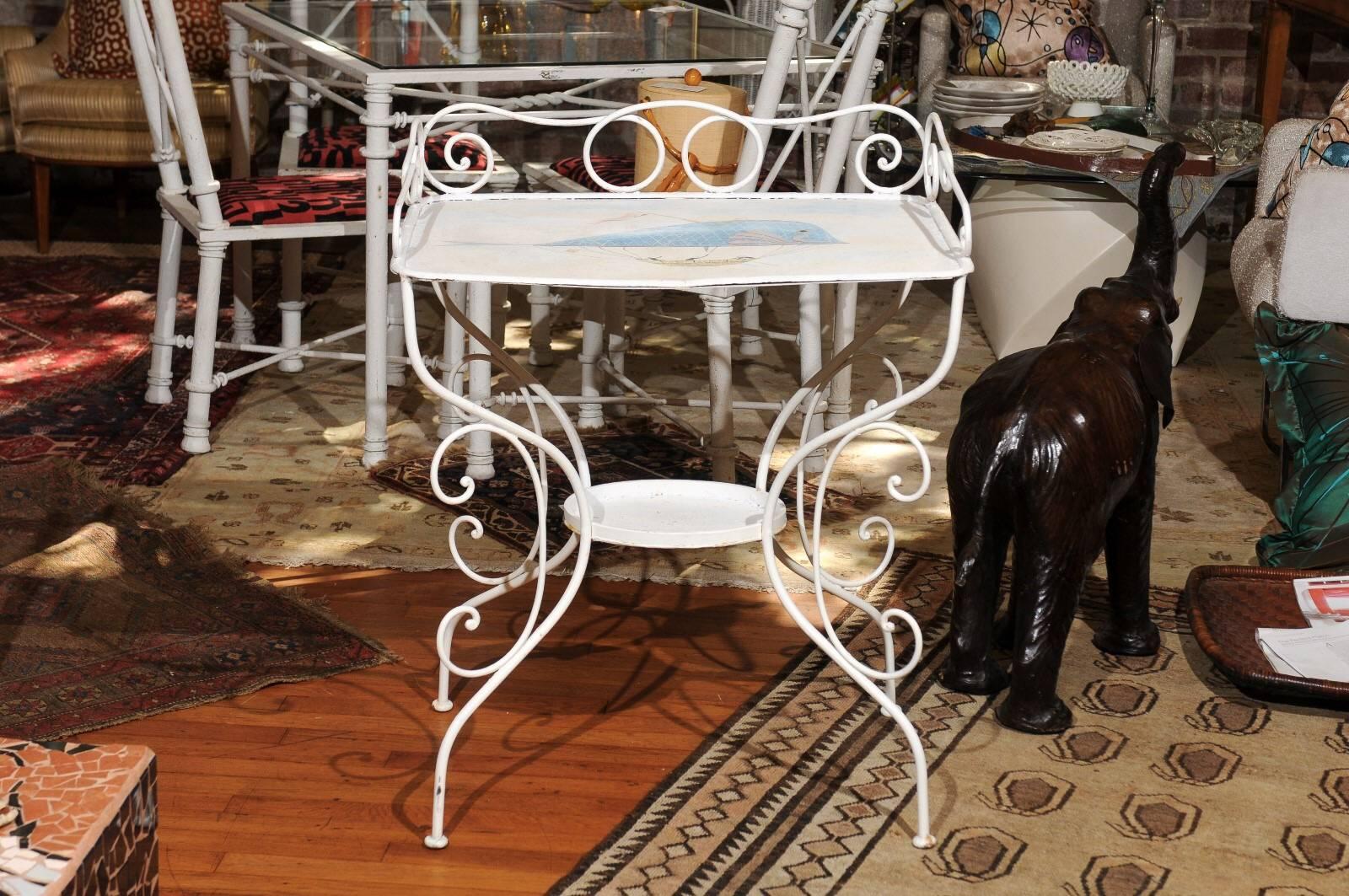French Wrought Iron Garden Table with Steampunk Painting In Good Condition For Sale In Atlanta, GA