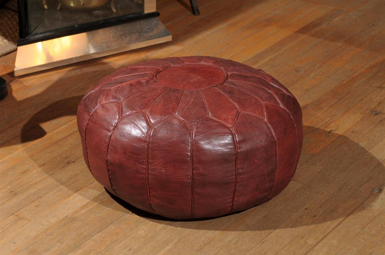 Large vintage traditional Moroccan handcrafted pouf in brown camel leather.  