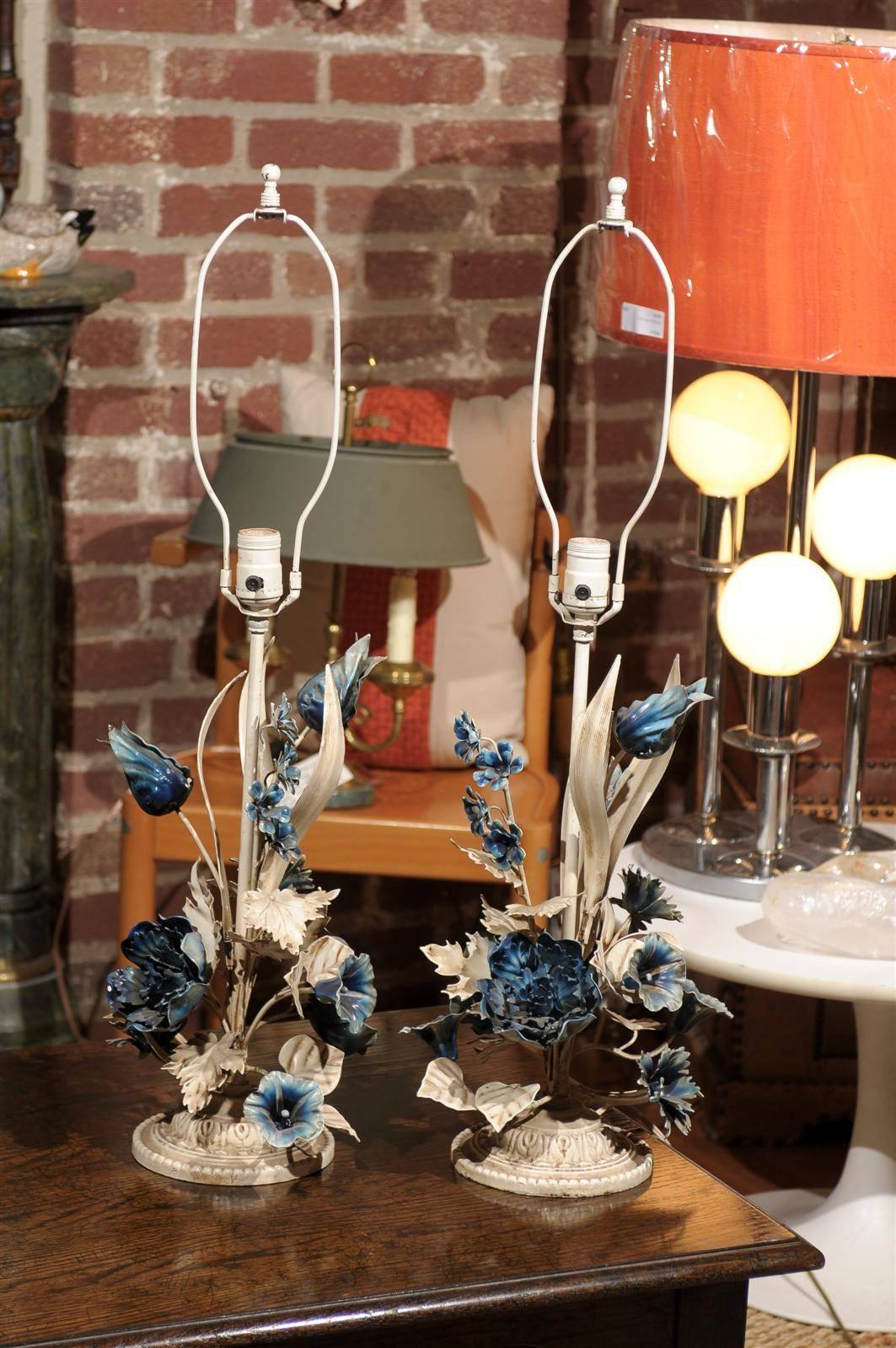 20th Century Italian Blue and White Floral Tole Lamps