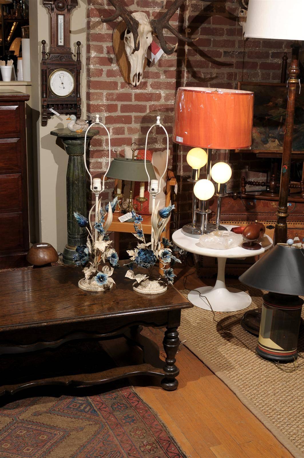 Hollywood Regency Italian Blue and White Floral Tole Lamps