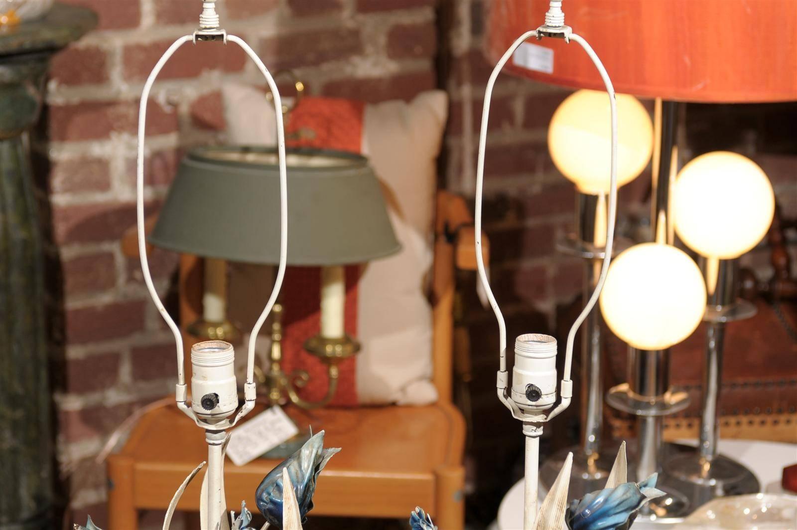 Italian Blue and White Floral Tole Lamps In Good Condition In Atlanta, GA