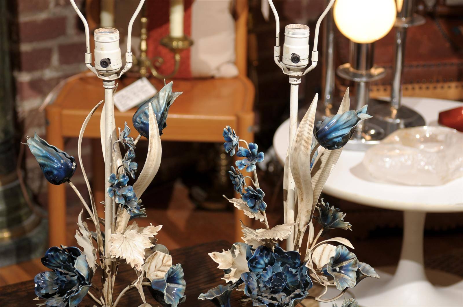 Italian Blue and White Floral Tole Lamps 4