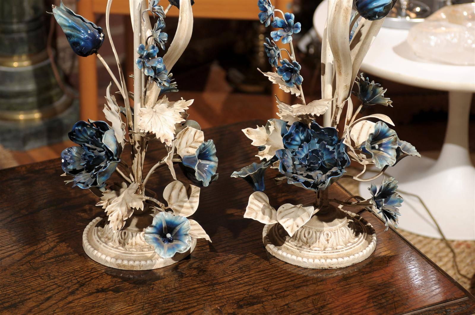 Italian Blue and White Floral Tole Lamps 2