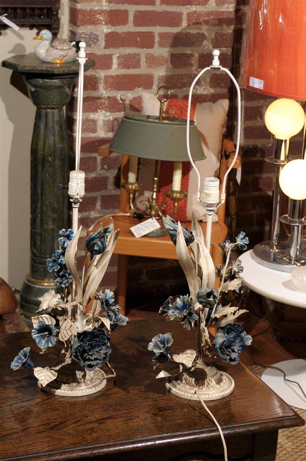 Italian Blue and White Floral Tole Lamps 3