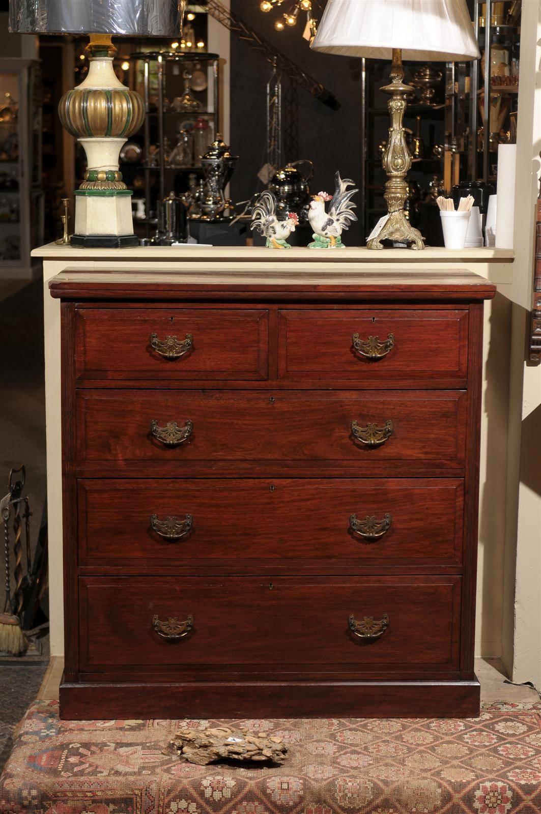 English 19th Century Victorian chest of mahogany with two smaller drawers over three larger, all paneled and having brass escutcheons and pierced brass bat wing backplates and bail handles.  The case rests on a plinth base.  