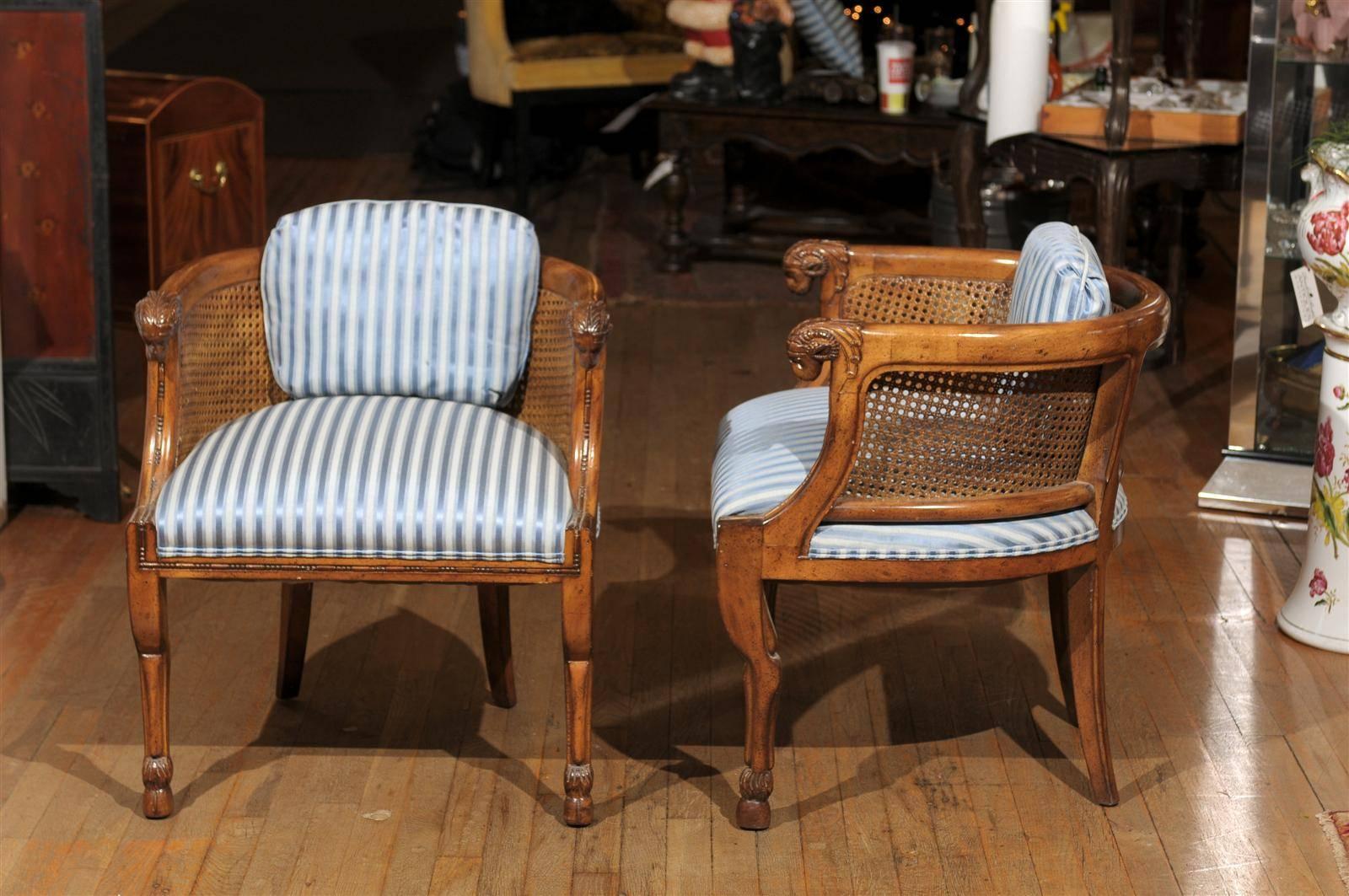 Pair of Regency Style Cane and Walnut Club Chairs by Tomlinson In Excellent Condition In Atlanta, GA