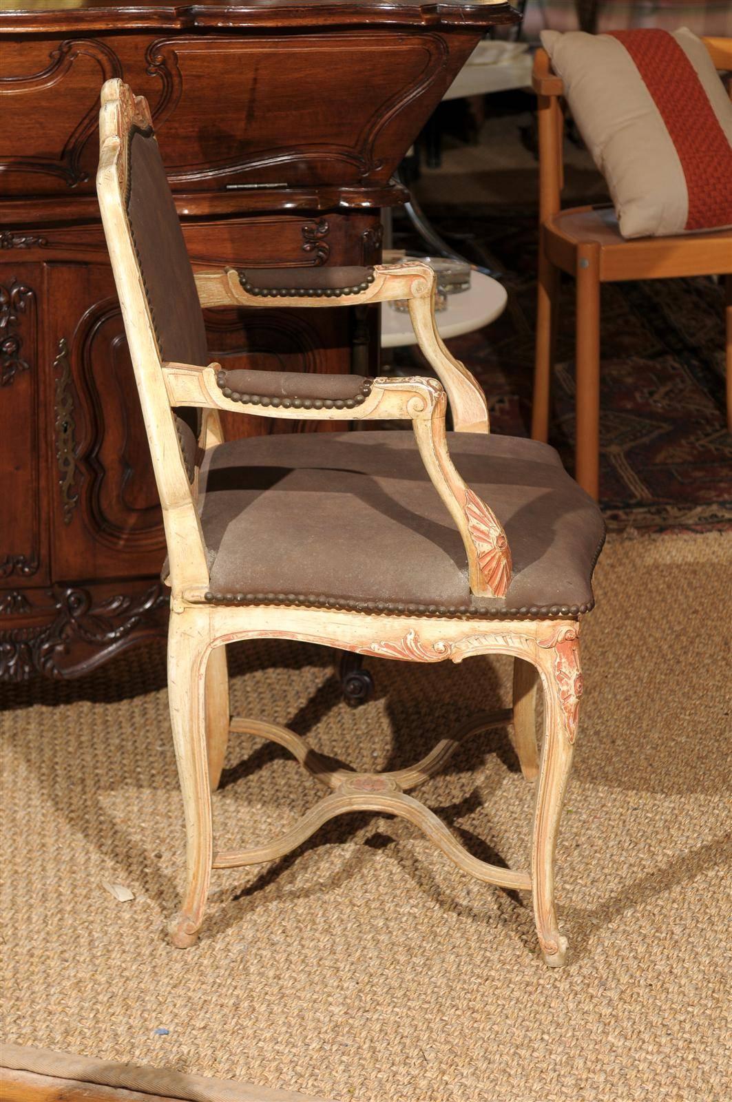 Suede Louis XV Style Painted Fauteuil For Sale