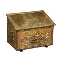 English Embossed Brass Fireside Coal Scuttle