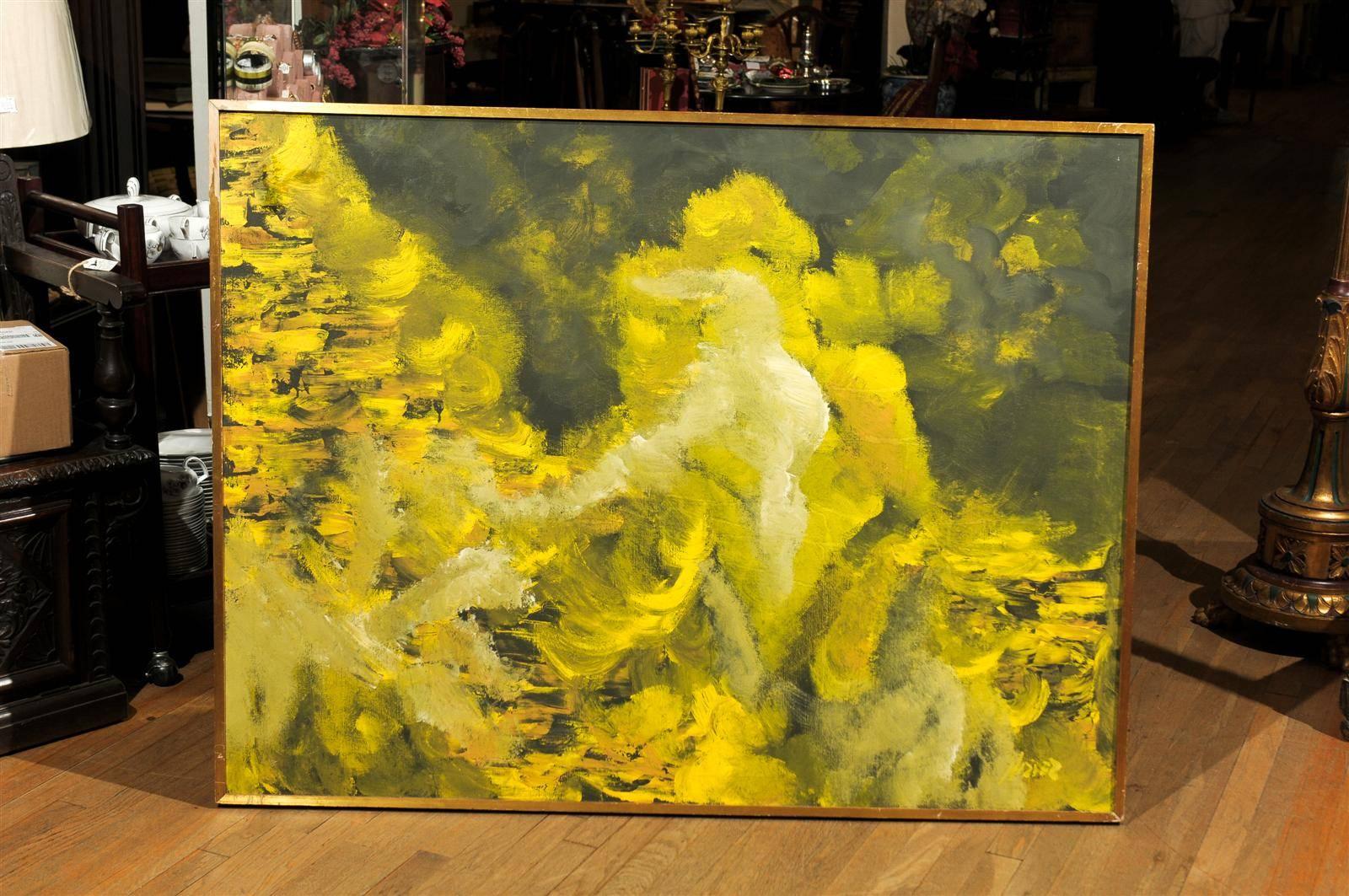 Large mid-20th century abstract oil on canvas in a gilded frame painted in hues of charcoal, dark green, yellow, and gold. Signed in lower right corner.