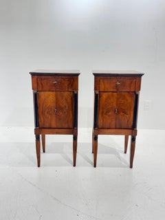 Pair of Early 19th Century Italian Empire Walnut Commodini with Ebonized Columns