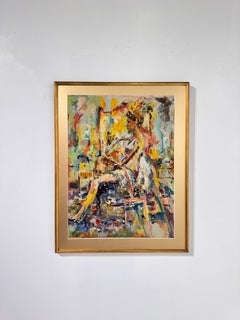 Dipinto a olio espressionista della metà del secolo raffigurante una donna seduta, firmato Schoonmaker