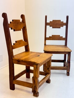 Pair of Mid-Century Mexican Rustic Pine Chairs w Carved Razor Blade Backs & Legs